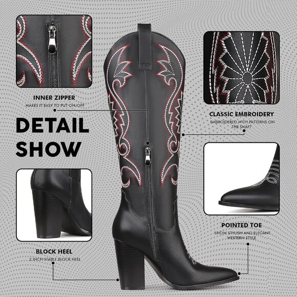 🆕Women Black Knee High Pointed Toe Chunky High Heels Pull-on Embroidered Boots - Picture 3 of 7